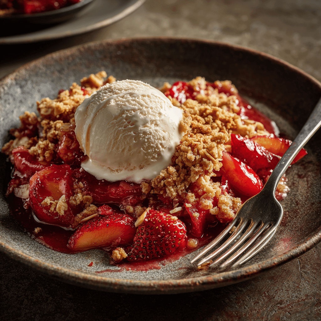 Strawberry nectarine crisp served with vanilla ice cream