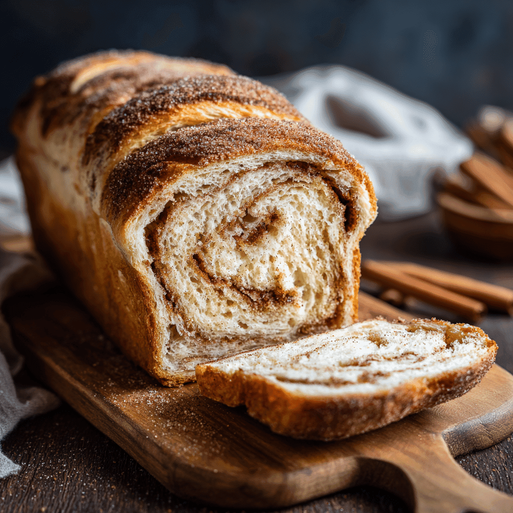 Cinnamon sugar sourdough bread sliced on board