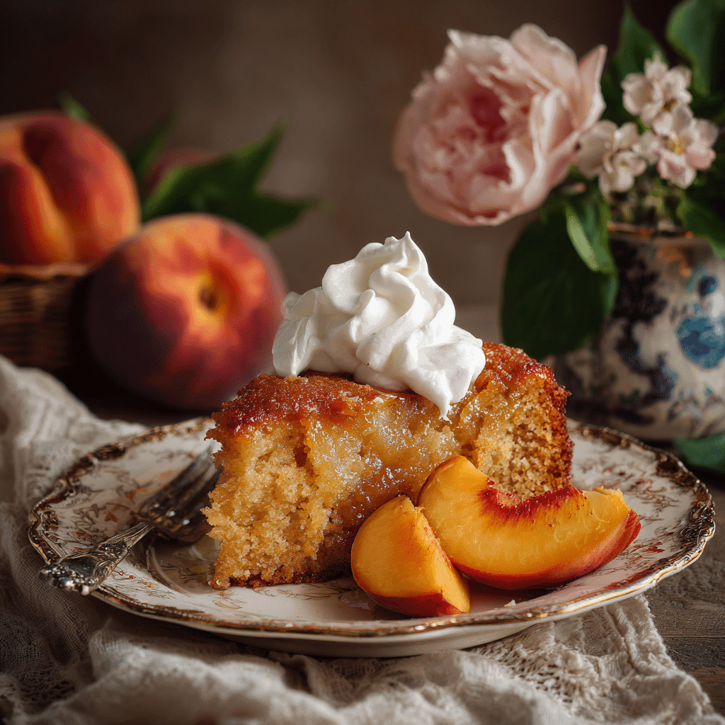 serving peach cake slice