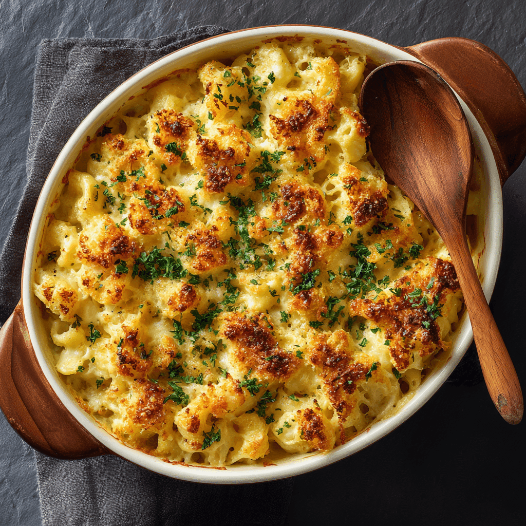 Baked cottage mac and cheese ready to serve