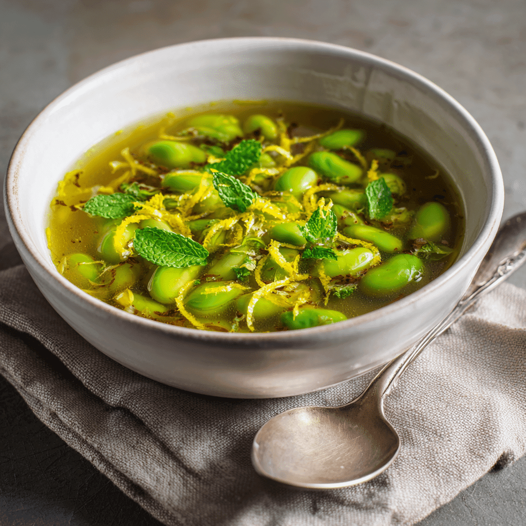served broad bean pod soup with garnish