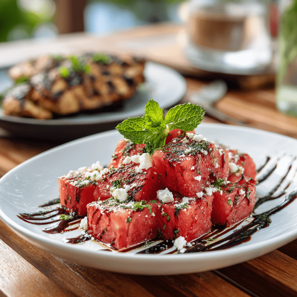 served watermelon feta salad with balsamic