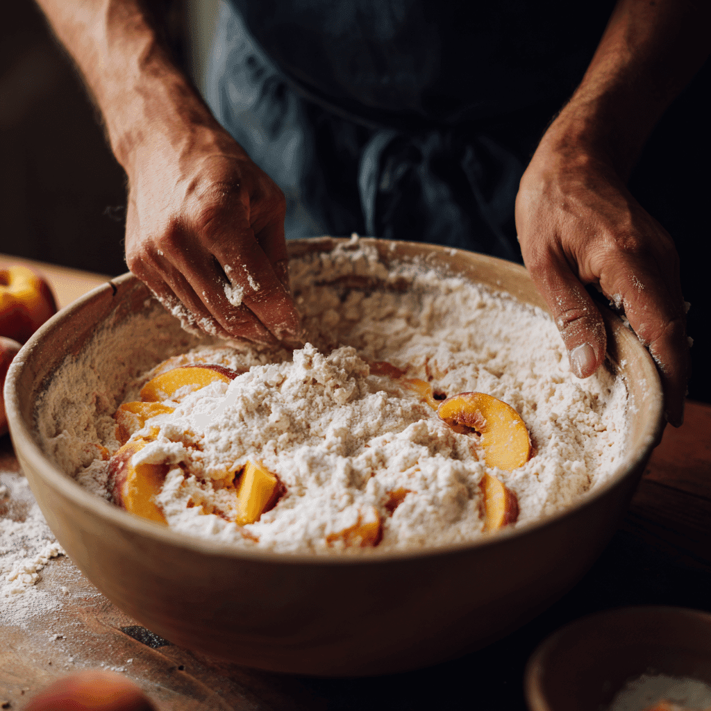 mixing peach cake batter