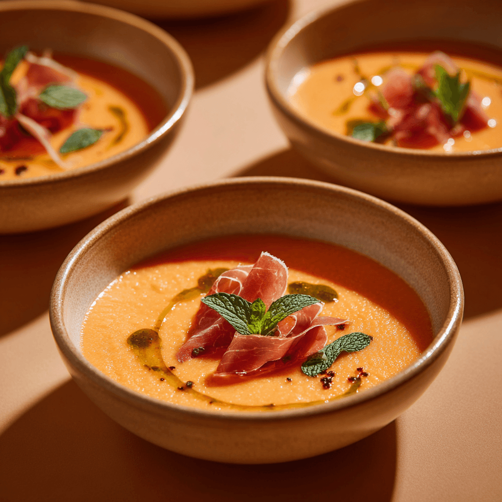served cantaloupe gazpacho prosciutto