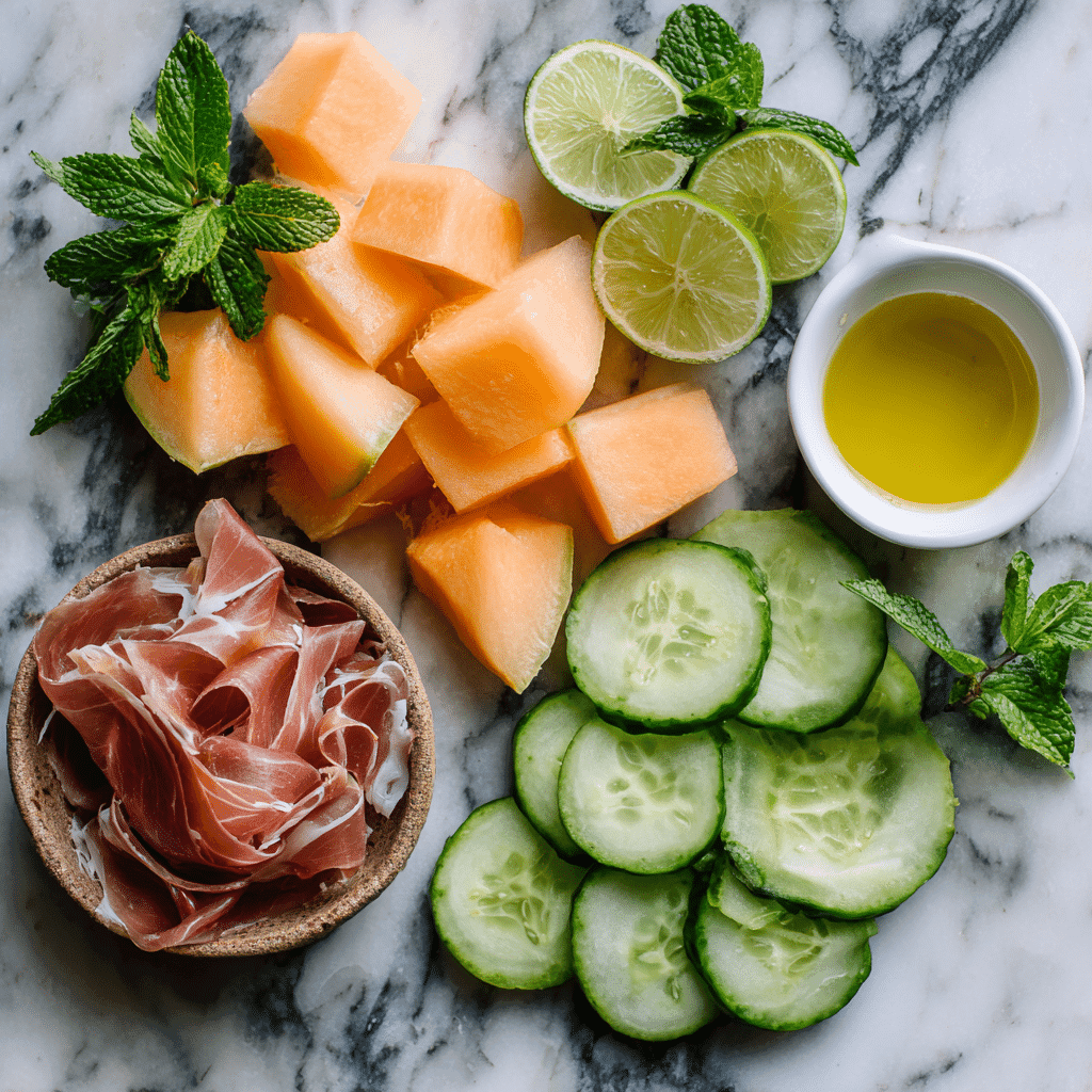 ingredients for cantaloupe gazpacho prosciutto