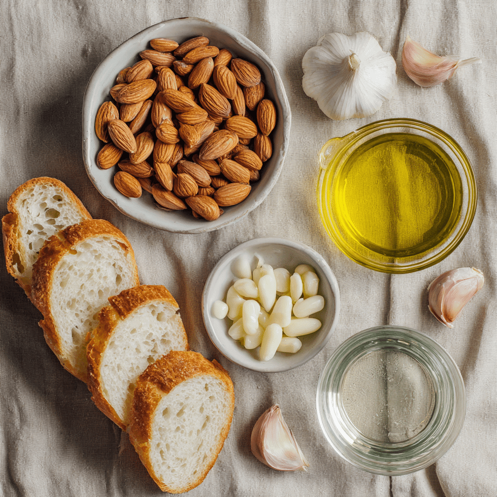 Ingredients for ajo blanco soup laid out