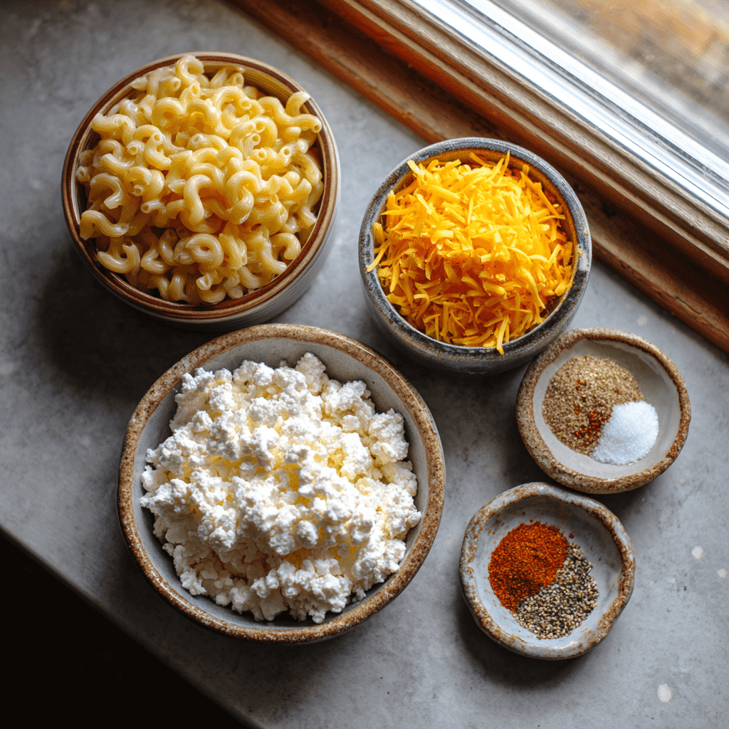 Ingredients for cottage mac and cheese recipe