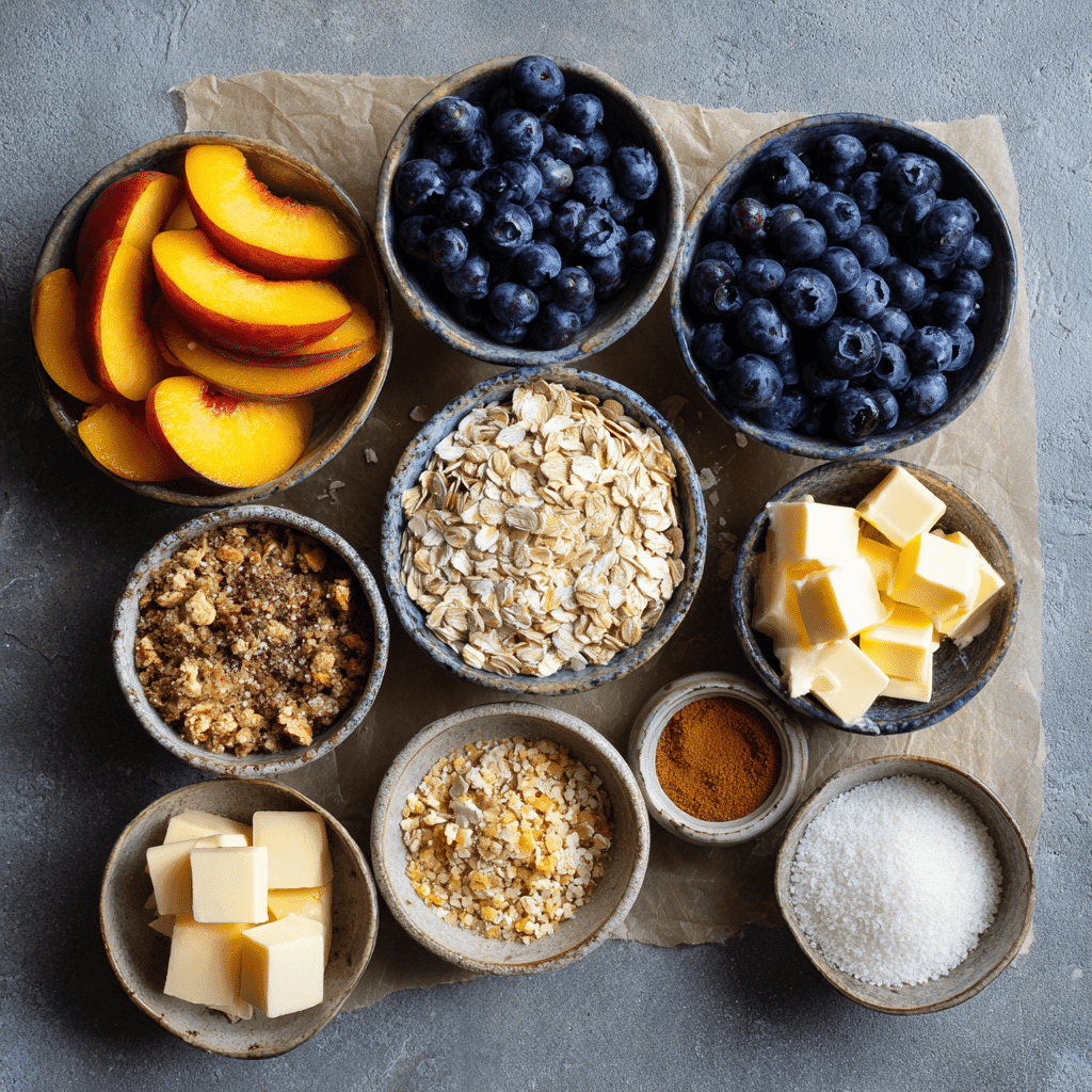 Ingredients for blueberry nectarine crisp laid out on a kitchen counter