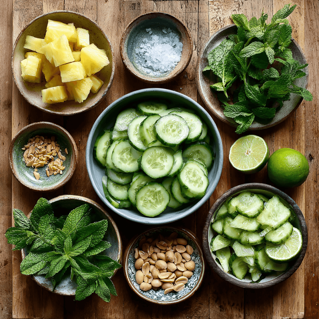 ingredients for pineapple cucumber salad on kitchen counter