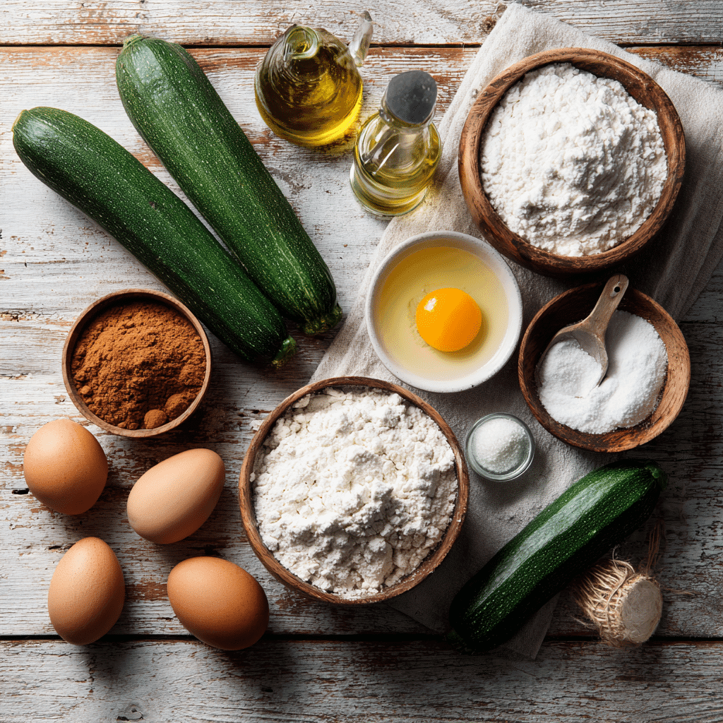 Ingredients for zucchini bread on wooden counter