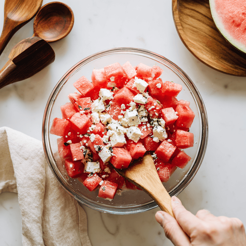 mixing watermelon and feta for salad