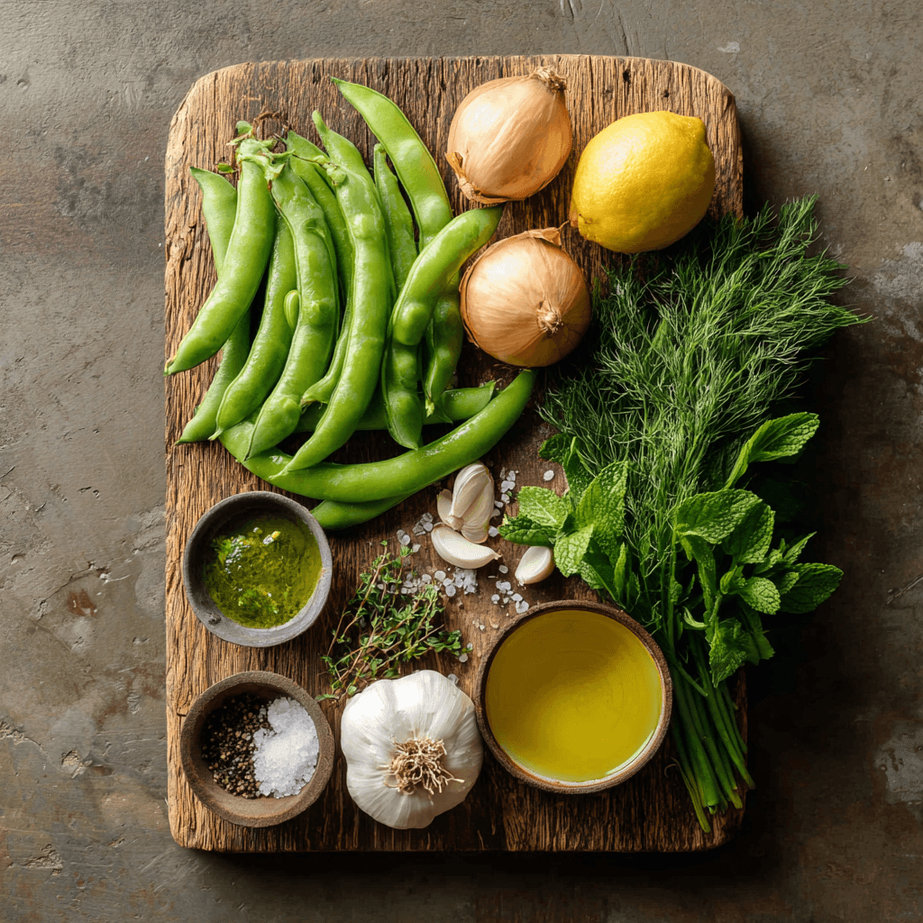 broad bean pod soup ingredients on board