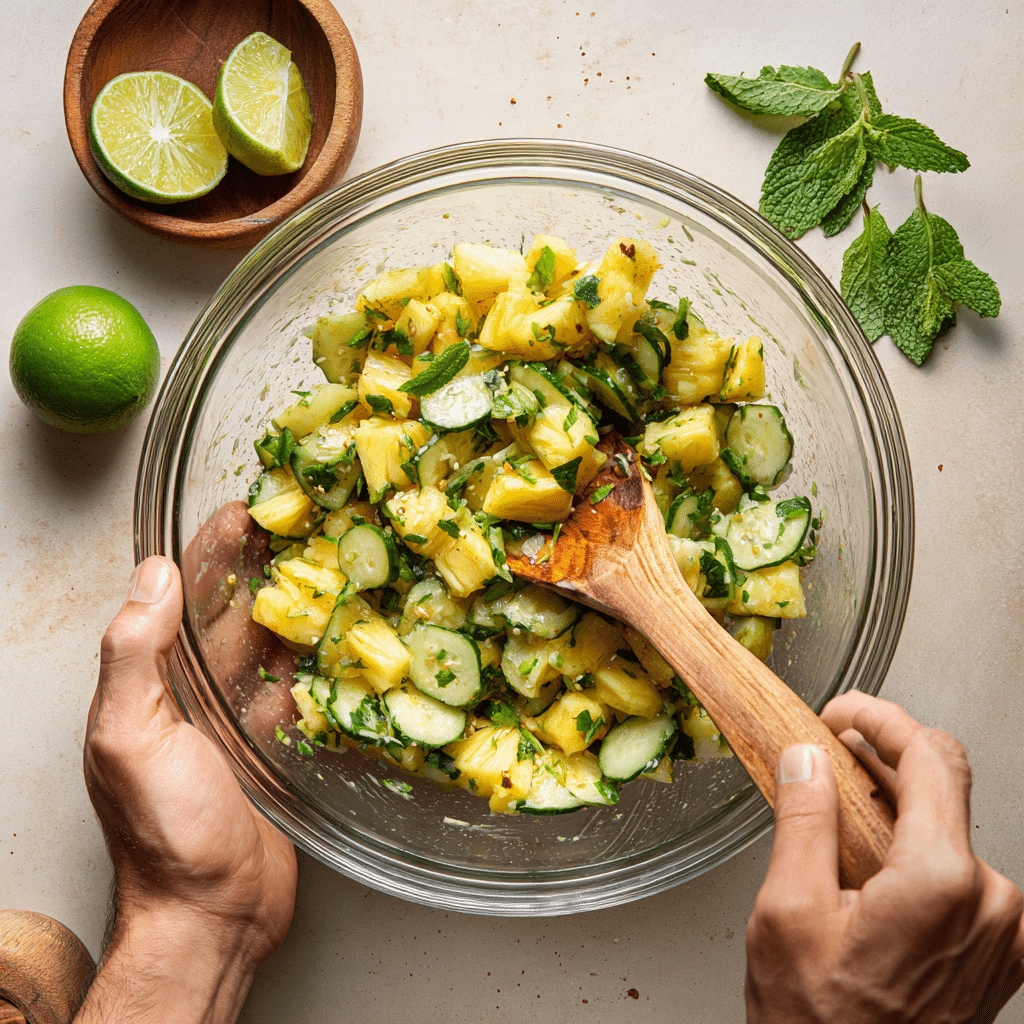 mixing pineapple cucumber salad in a bowl