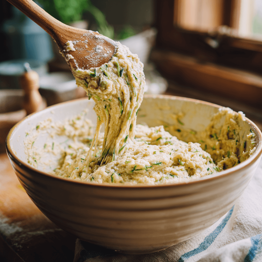 Mixing zucchini bread batter in bowl