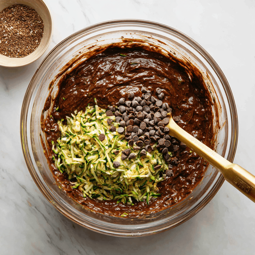 Mixing chocolate zucchini bread batter