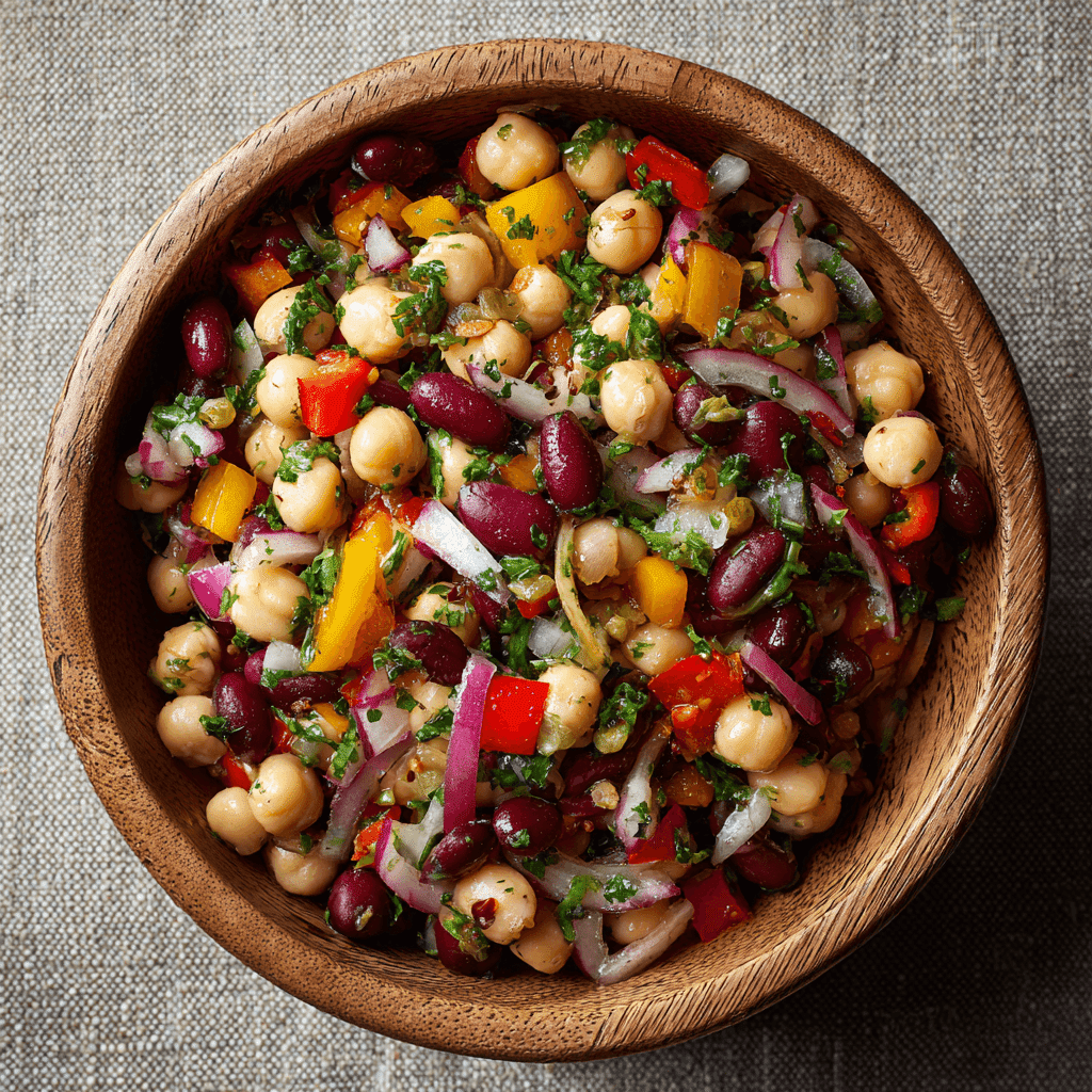 Dense bean salad in wooden bowl
