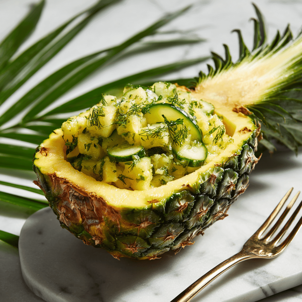 pineapple cucumber salad served in pineapple shell