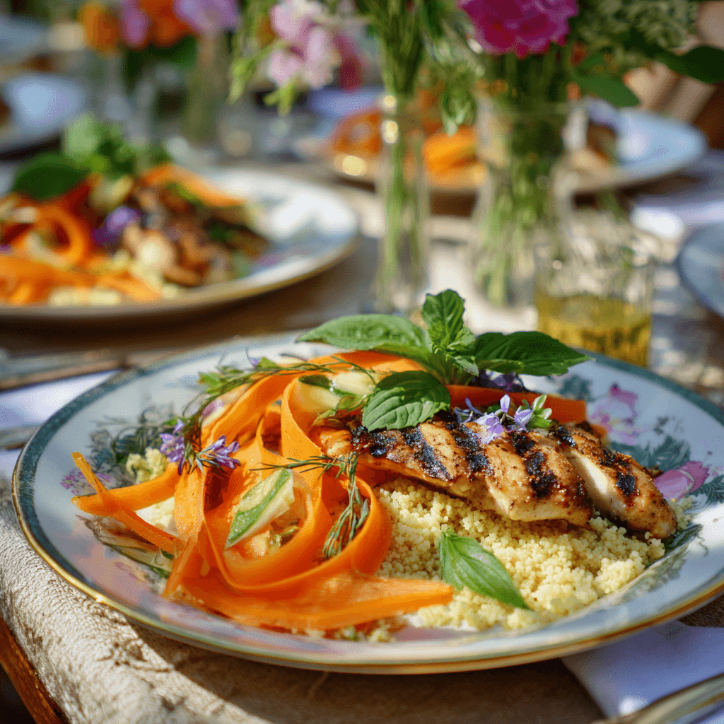 serving ribbon carrot salad with grilled chicken
