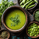 broad bean pod soup in rustic bowl