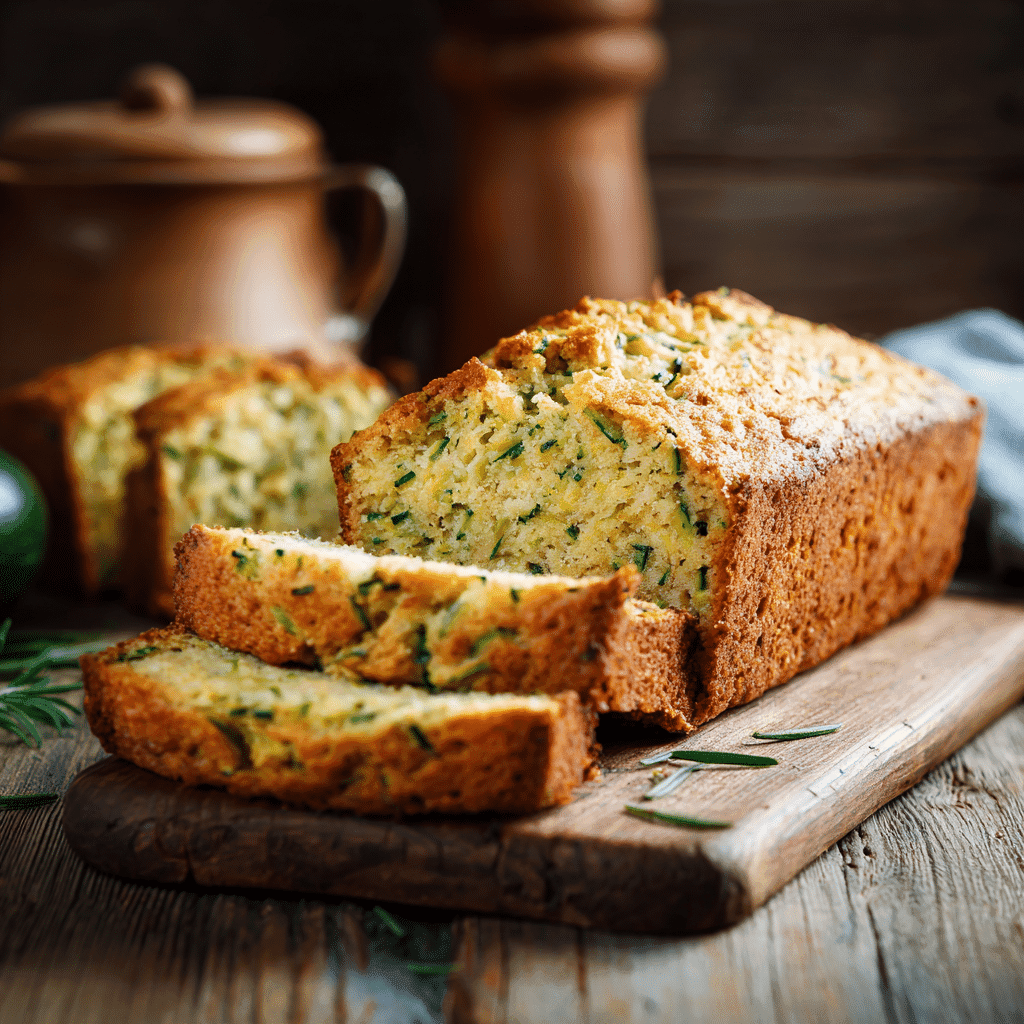 Freshly baked zucchini bread sliced on rustic table