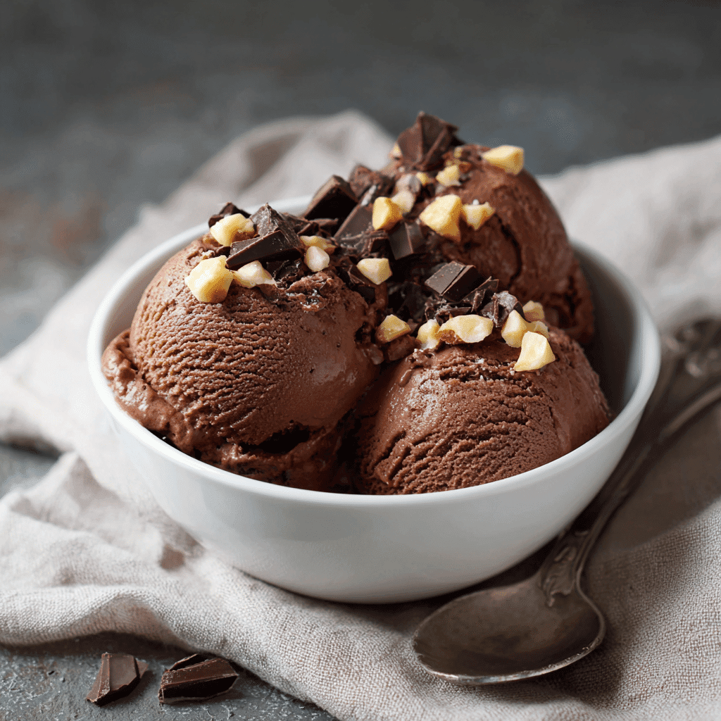Scooped chocolate cottage cheese ice cream with garnishes