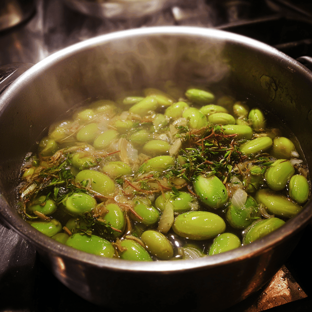 broad bean pod soup cooking in pot
