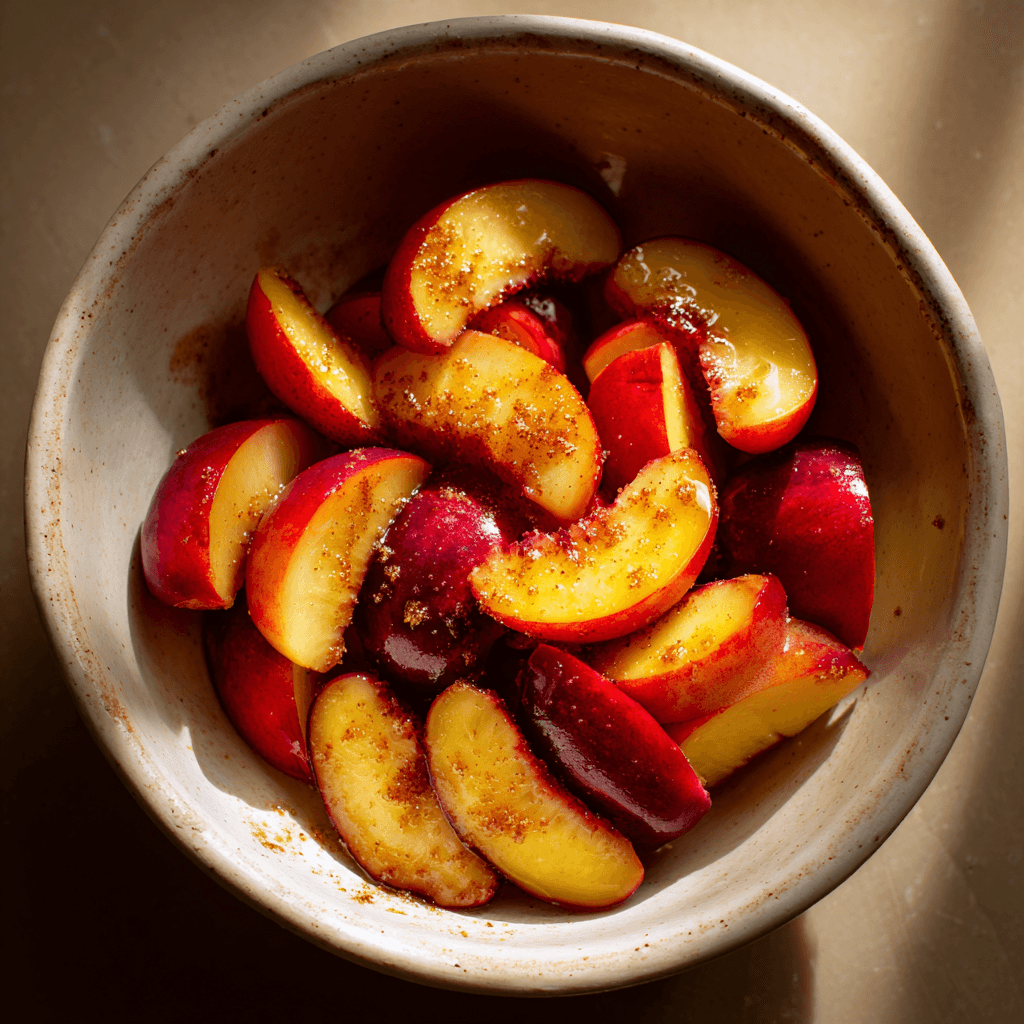 Mixing sliced nectarines for crisp filling