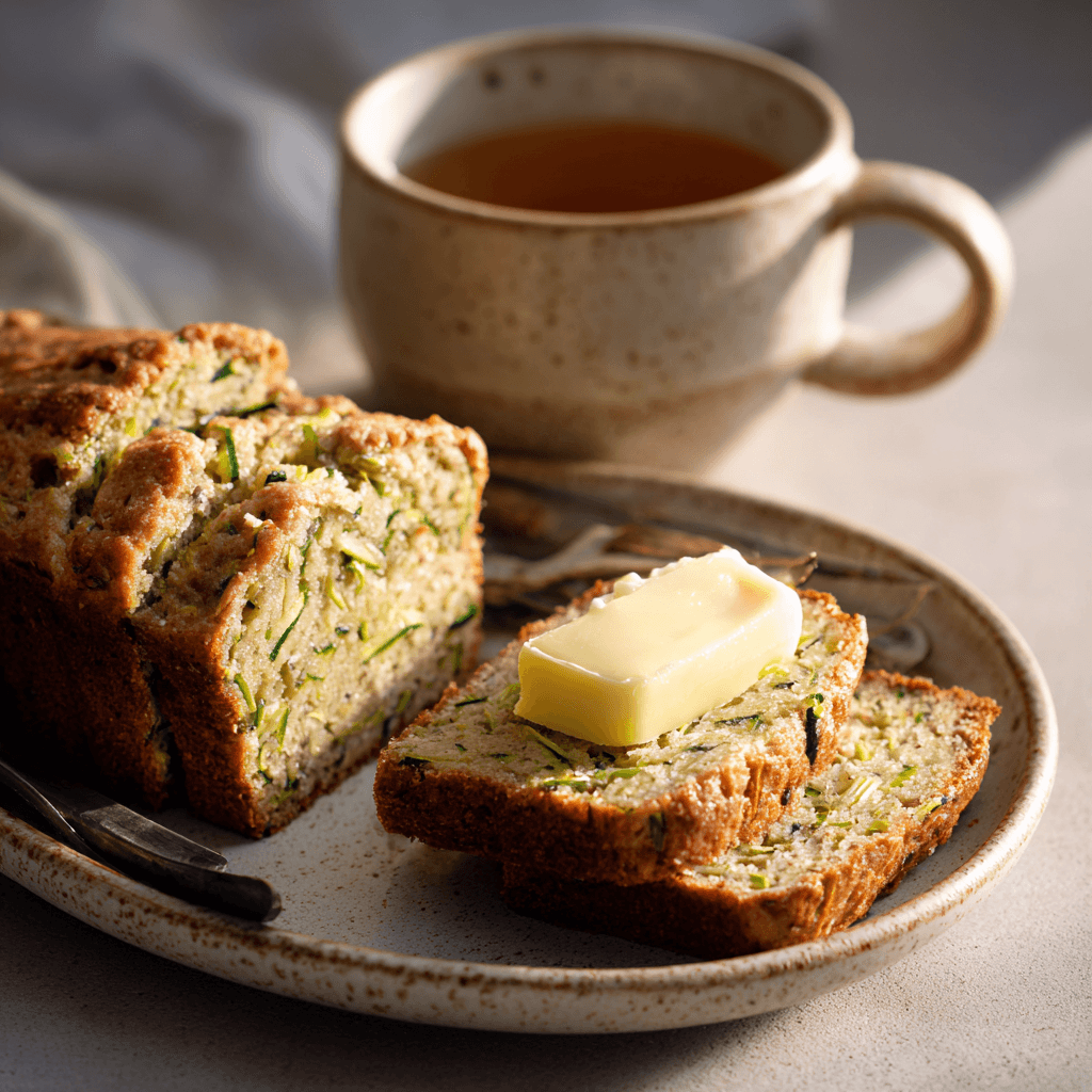Sliced zucchini bread served with tea