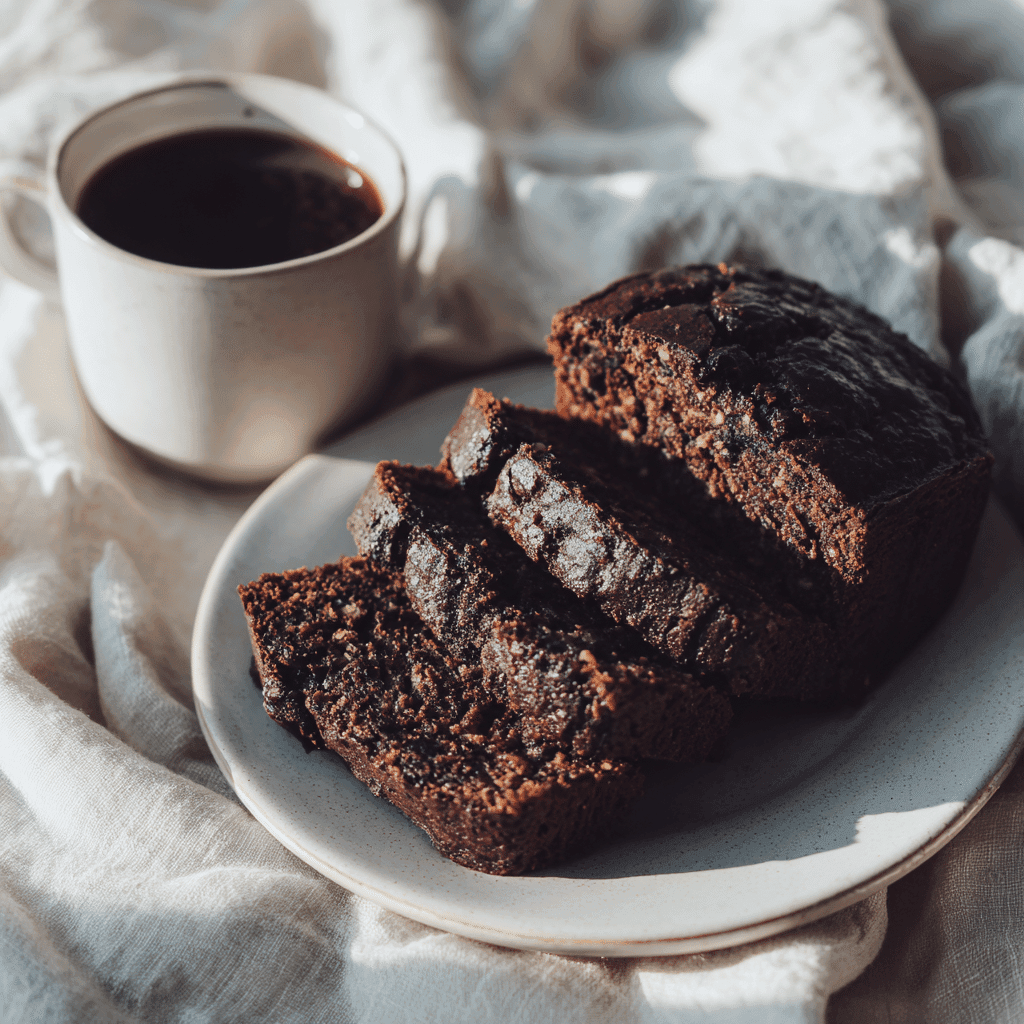 Serving chocolate zucchini bread with coffee