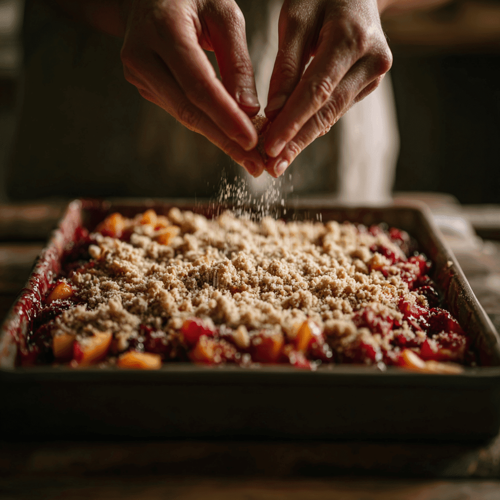 Assembling blueberry nectarine crisp before baking