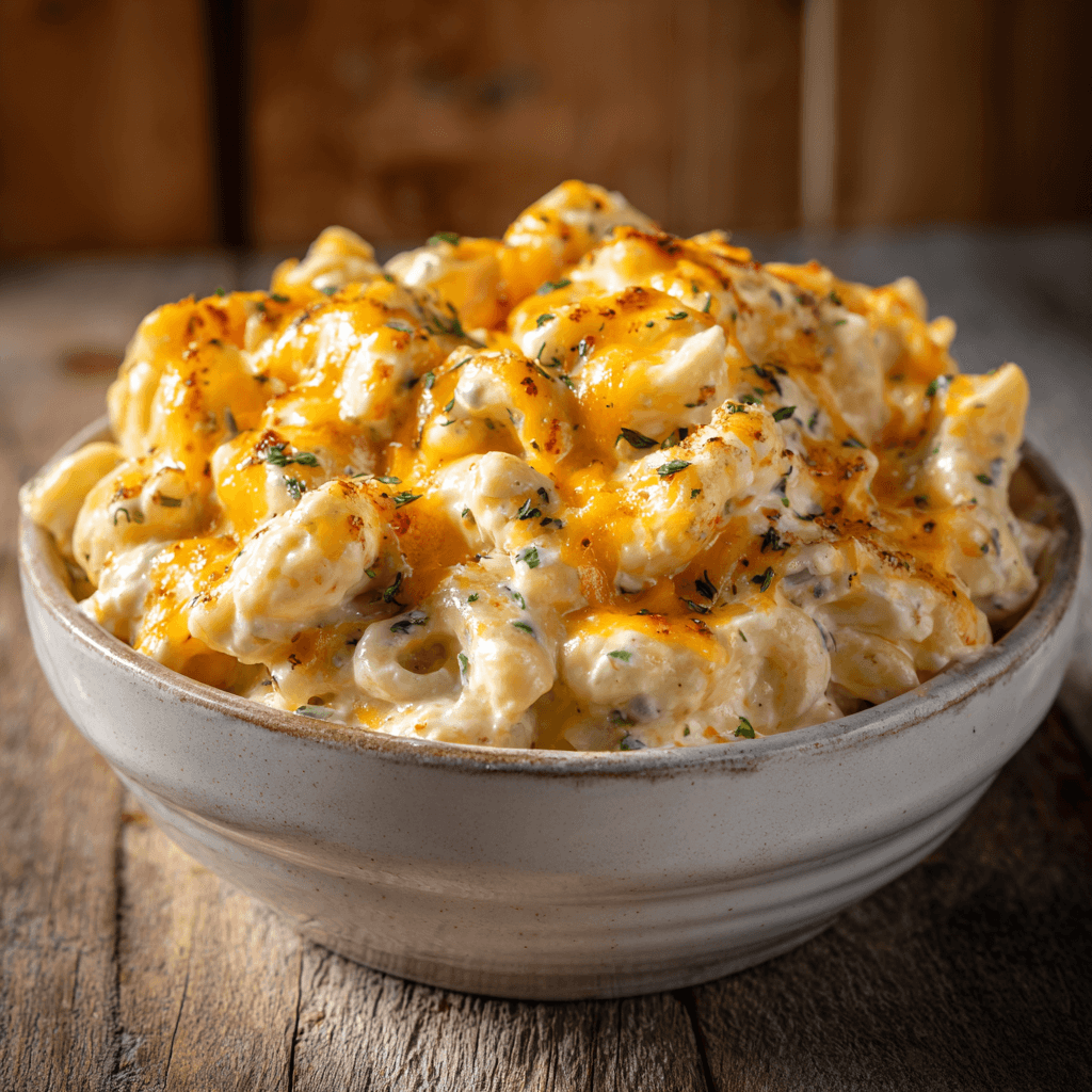 Cottage mac and cheese in a rustic bowl