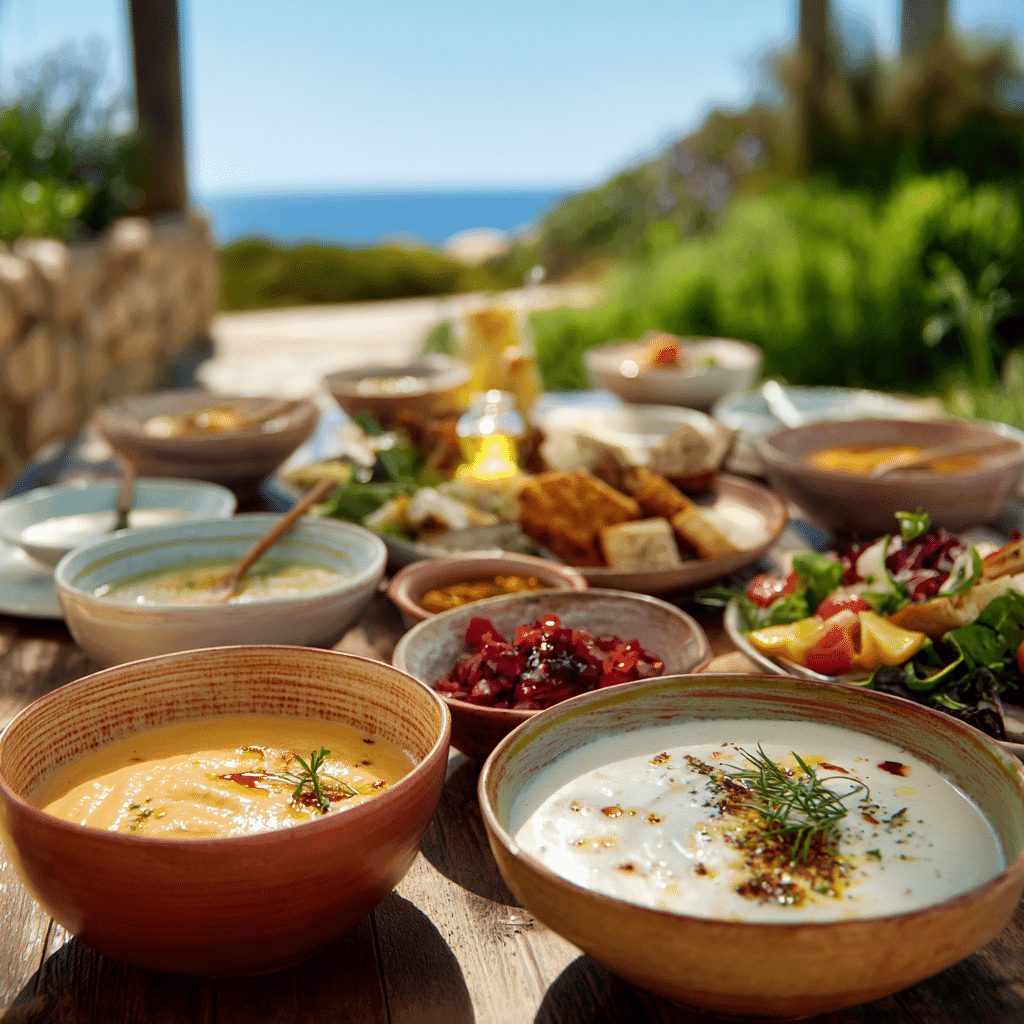 Served ajo blanco soup with toppings
