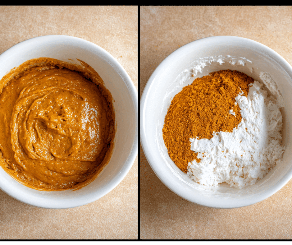 Pumpkin Bread with Cream Cheese batter and filling in mixing bowls