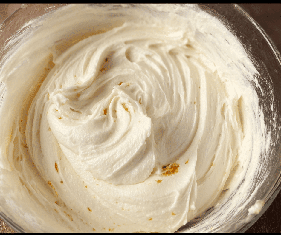 Cream cheese filling for Pumpkin Bread in a glass mixing bowl
