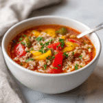 Protein Stuffed Pepper Soup in a white bowl with colorful peppers and parsley