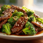 Chinese Beef and Broccoli served on a white plate with glossy sauce and bright green broccoli