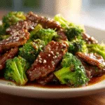 Chinese Beef and Broccoli served on a white plate with glossy sauce and bright green broccoli