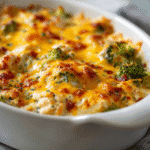 Easy Low Carb Chicken Casserole with golden melted cheese and broccoli