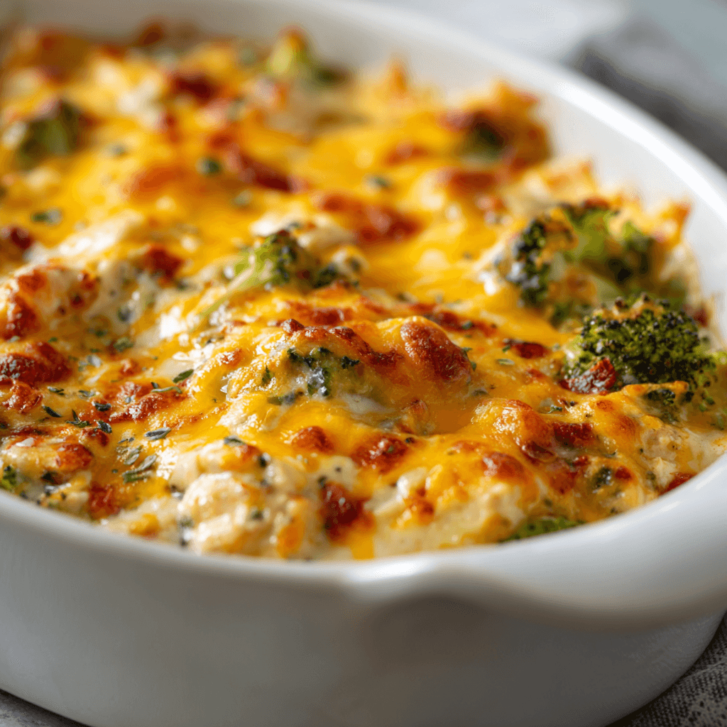 Easy Low Carb Chicken Casserole with golden melted cheese and broccoli