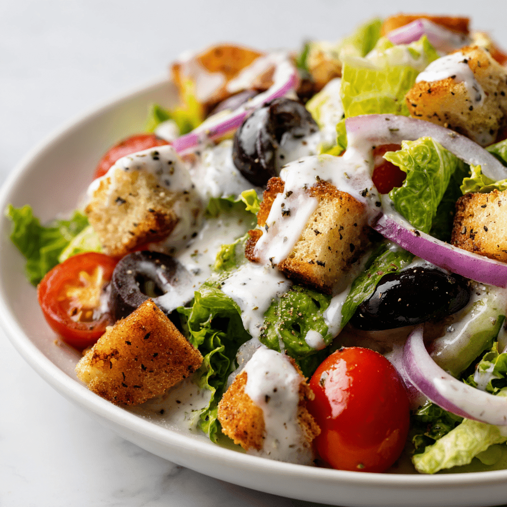 A crisp fall salad drizzled with homemade Olive Garden Salad Dressing on a white plate.
