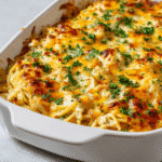 Baked Southern chicken spaghetti casserole with golden cheese