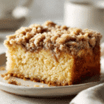 A close-up of the best coffee cake with golden streusel topping on a white plate