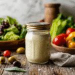 A glass jar filled with homemade Olive Garden Salad Dressing next to fresh salad ingredients on a wooden countertop.