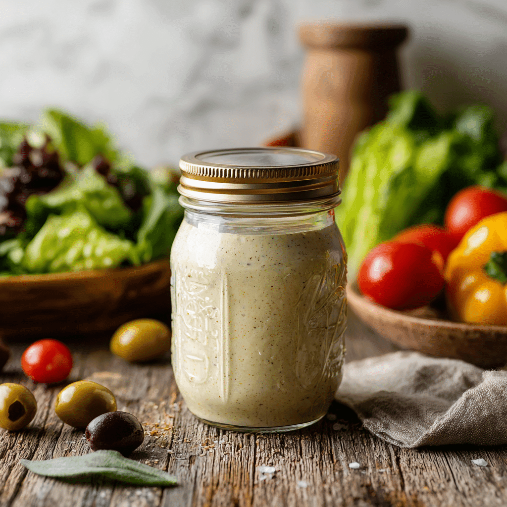 A glass jar filled with homemade Olive Garden Salad Dressing next to fresh salad ingredients on a wooden countertop.
