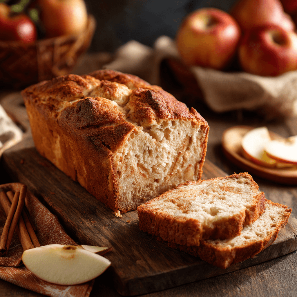 apple cinnamon bread recipe on wooden board