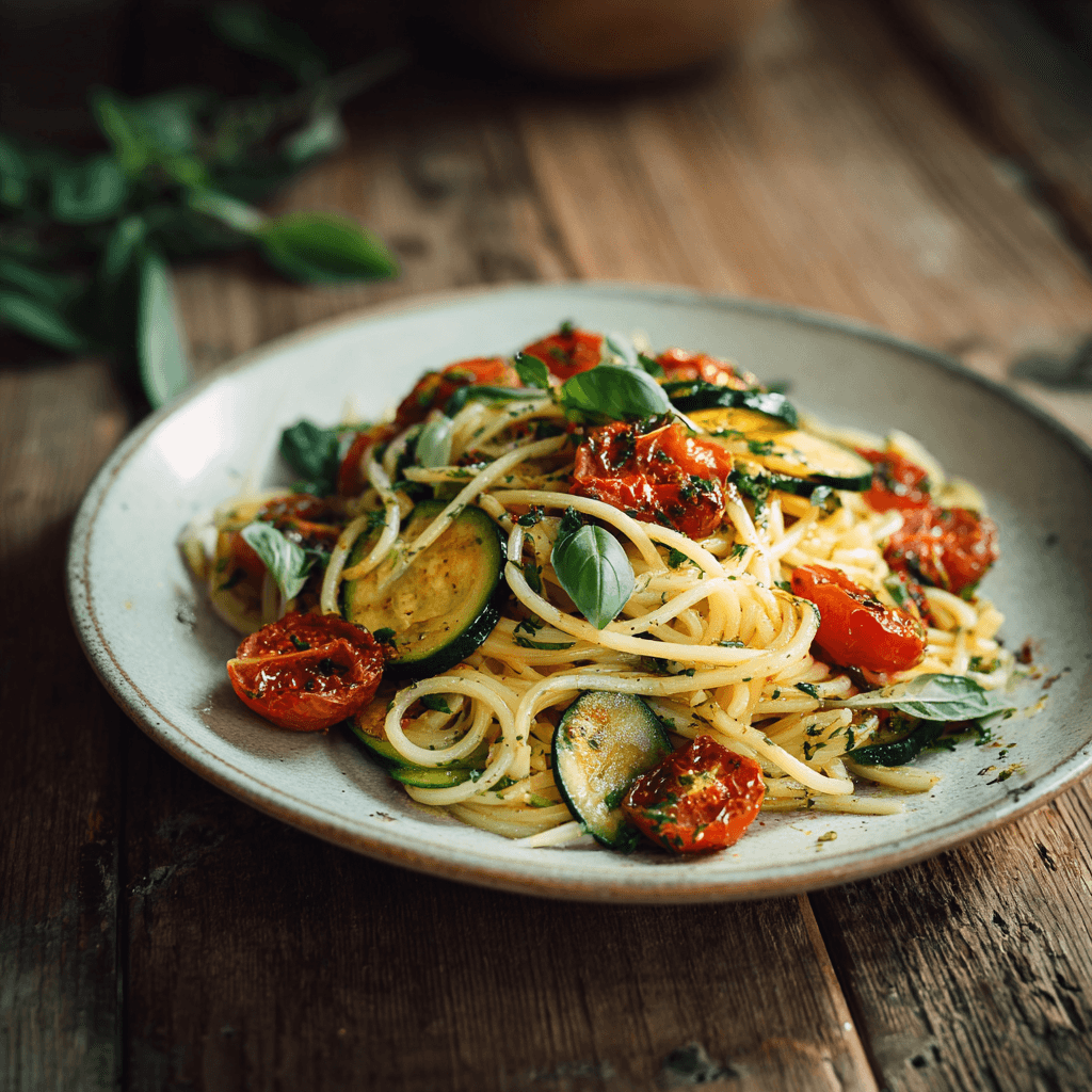 Zucchini with pasta and tomatoes on rustic plate