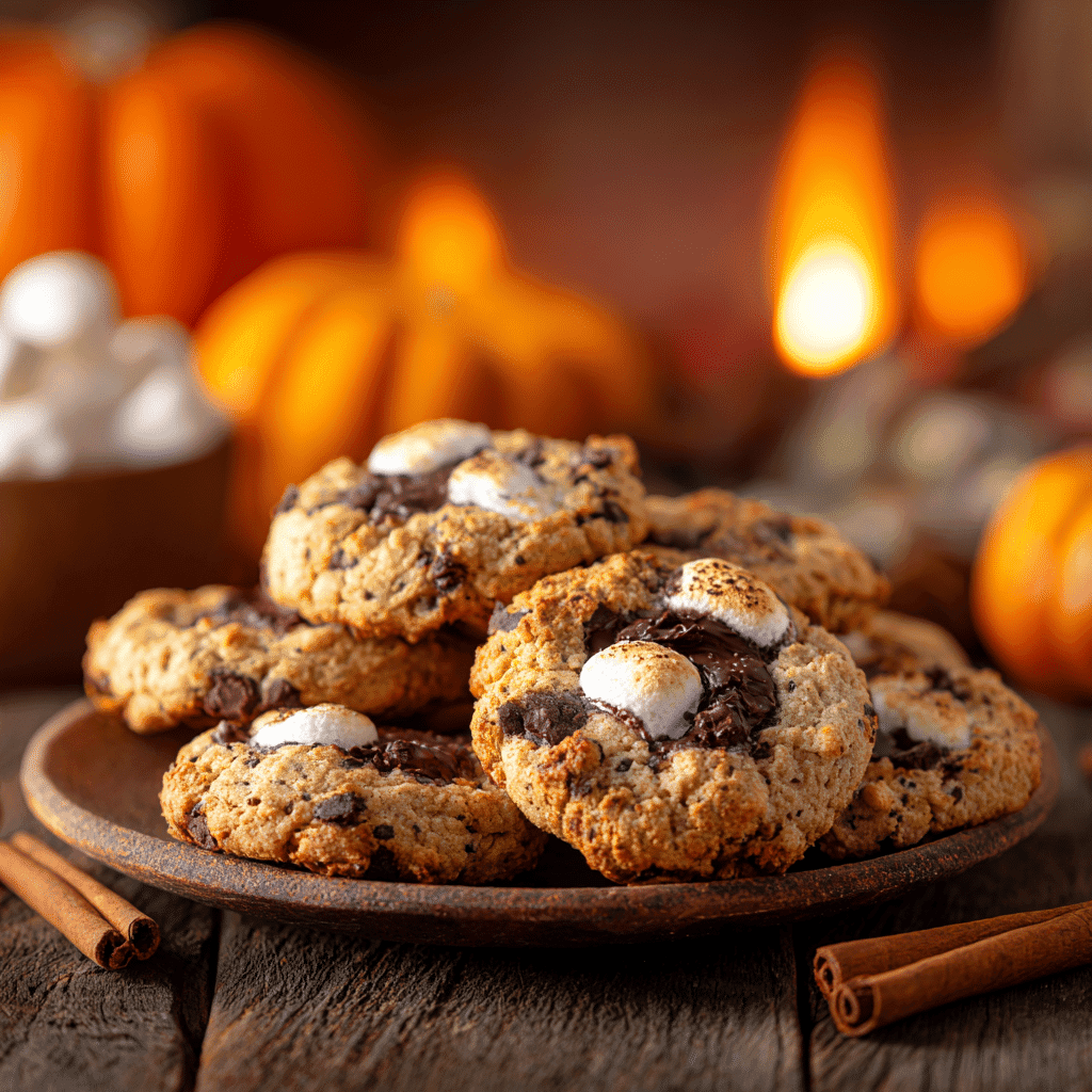 Pumpkin S’mores Cookies on a rustic table with fall decor