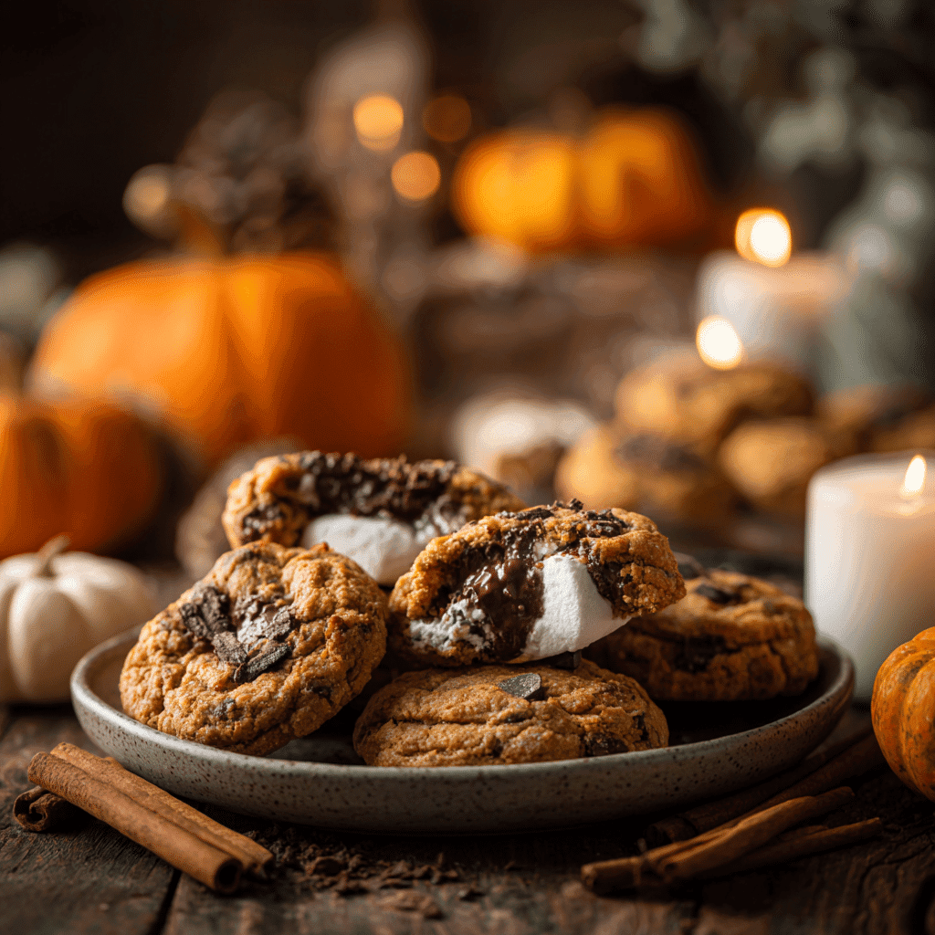 Pumpkin S’mores Cookies on a rustic table with fall decor