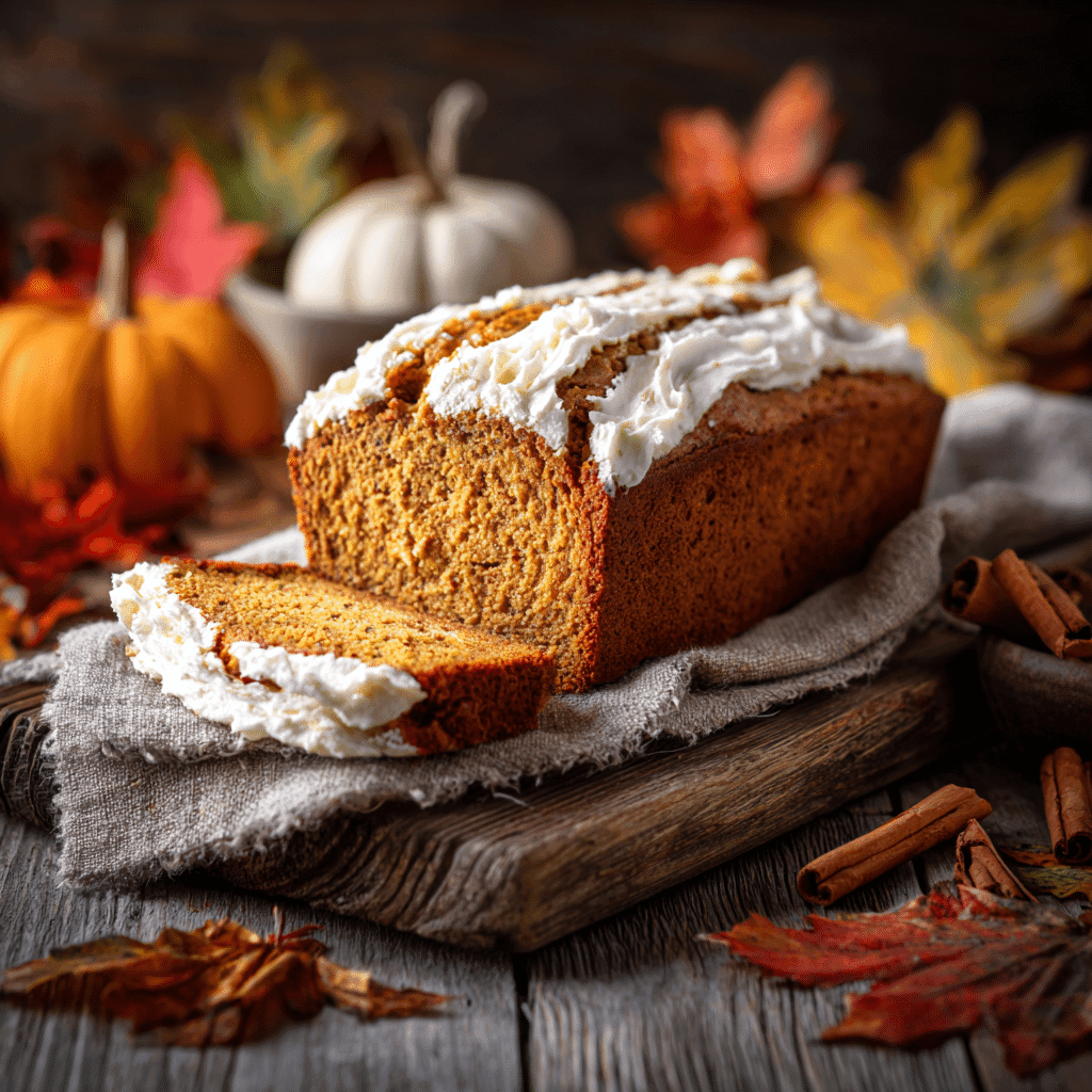 Sliced Pumpkin Bread with Cream Cheese on rustic table