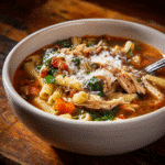 Italian Penicillin Soup with chicken, pasta, and vegetables in a bowl